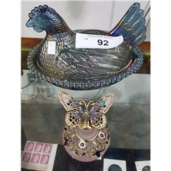 CARNIVAL GLASS HEN ON A NEST AND PERFUME BOTTLE