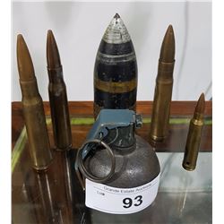 SIX PIECES ASSORTED MILITARY BULLETS & A GRENADE