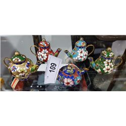 5 MINIATURE ENAMEL TEAPOTS