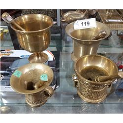 4 BRASS MORTAR AND PESTLES