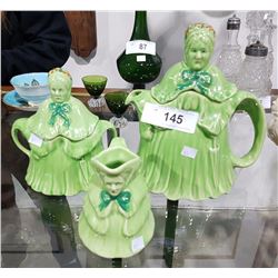 GREEN ENGLISH FIGURAL TEAPOT, CREAM & SUGAR SET