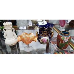 LOT OF 4 COLLECTIBLES-BELLEEK VASE, CLOISONNE VASE, CARNIVAL GLASS COMPOTE ETC