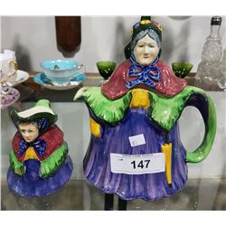 COLOURFUL ENGLISH FIGURAL TEAPOT AND CREAMER