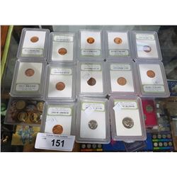 LOT OF 11 UNCIRCULATED GRADED US PENNIES & DIME, AND NICKEL