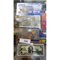 US $2 BILL & 2001 UNCIRCULATED US COIN SET