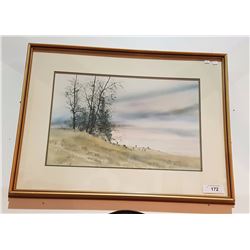 WATERCOLOUR ON PAPER SIGNED E. BRIMACOMBE TITLED LANDSCAPE WITH FISHERMAN