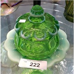GREEN OPALESCENT COVERED BUTTER DISH