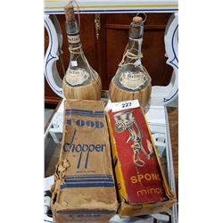 TWO MEAT GRINDERS IN BOXES & 2 CHIANTI BOTTLES