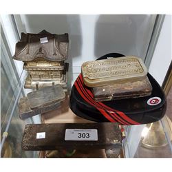 SHELF OF VINTAGE SHAVING COLLECTABLES & BRASS CIGARETTE DISPENSER