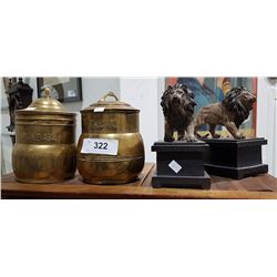 PAIR OF BRASS TOBACO HUMIDORS & PAIR OF LION BOOKENDS