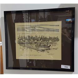 ORIGINAL INK DRAWING SIGNED FRANK LEWIS TITLED TOWNSIGHT OF GRANVILLE FROM THE WATER FRONT IN 1884