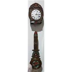 19TH C. TIN WALL CLOCK WEIGHTS AND KEY IN OFFICE