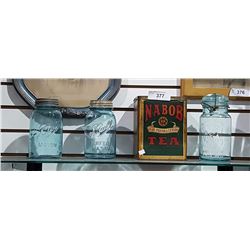 THREE ANTIQUE BLUE SEALER JARS & NABOB TEA TIN
