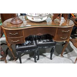 QUEEN ANNE STYLE WALNUT KIDNEY SHAPED DESK W/ GLASS TOP