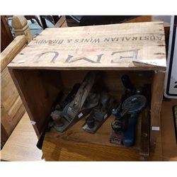 EMU WINE BOX W/ COLLECTION OF SEVEN ANTIQUE WOOD WORKING TOOLS