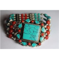 Tibet Hand Made Turquoise & Coral Bracelet