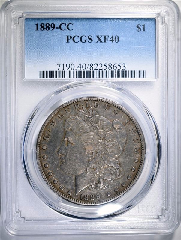 1889CC SILVER DOLLAR PCGS XF 40 RARE, KEY COIN GRADES XF/AU 45