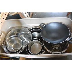 LARGE TOTE OF POTS AND PANS