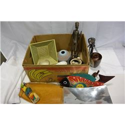 BOX OF WOOD CARVINGS, COLLECTIBLES, ETC.