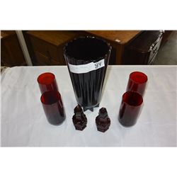 LOT OF RUBY GLASS CUPS VASE AND SHAKERS