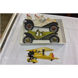 THREE METAL AIRPLANE AND CAR PLAQUES