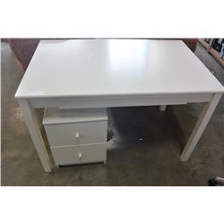 WHITE DESK W/ OFFICE CHAIR AND 2-DRAWER ENDTABLE