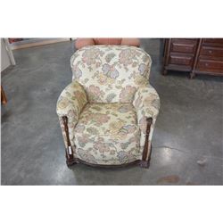 WOOD FRAMED BUTTON BACK ARMCHAIR