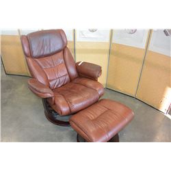 MODERN BROWN LEATHER RECLINER CHAIR AND FOOTSTOOL