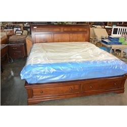 MAHOGANY FINISH KINGSIZE SLEIGH BED FRAME WITH STORAGE DRAWERS