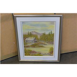 FRAMED OIL CABIN AND BOAT AT LAKE BY I.BROWN