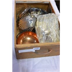 WOOD BOX OF SILVER PLATE SERVING PIECES