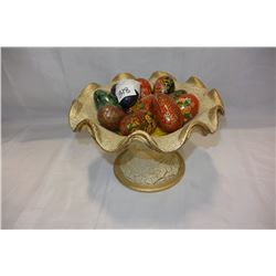 PEDESTLE CENTRE BOWL AND HAND PAINTED EGGS