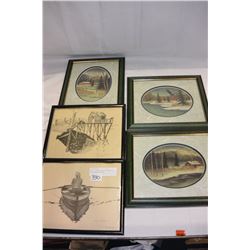 SET OF THREE WINTER PRINTS AND TWO FISHING PRINTS