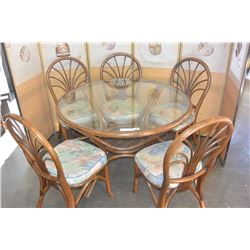 RATTAN PATIO GLASSTOP PATIO TABLE AND FIVE CHAIRS