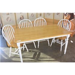 WHITE AND MAPLE TABLE AND FOUR CHAIRS