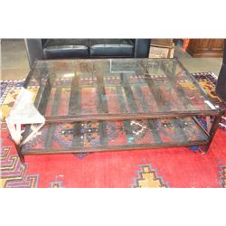 LARGE INDUSTRIAL MODERN TWO TIER GLASS COFFEE TABLE