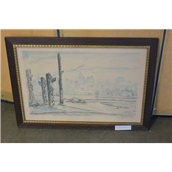 FRAMED PENCIL SKETCH VANCOUVER TOTEM POLES NUMBERED PRINT