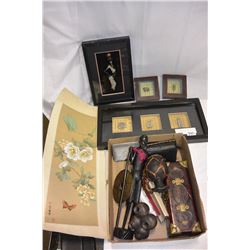 FOUR ESTERN SHADOW BOX PICTURES AND BOX OF EASTERN ITEMS