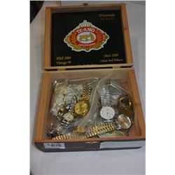 WOOD CIGAR BOX WITH WATCHES AND BUCKLES ETC