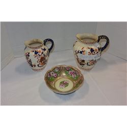 TWO EARLY STAFFORDSHIRE PITCHERS AND HAND PAINTED FOOTED DISH