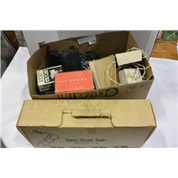 BOX OF CAMERAS AND PARTS AND VINTAGE MOVIE PRJECTOR