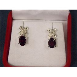 EARRINGS - NEW GARNET & DIAMONDS IN STERLING SILVER SETTING - POST & BUTTERFLY BACKING - RETAIL ESTI