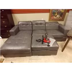 BONDED LEATHER SOFA - GREY - RECLINING HEAD RESTS WITH LARGE OTTOMAN