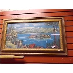 GOLD FRAMED PICTURE -ISLAND IN THE LAKE - 33" X 19
