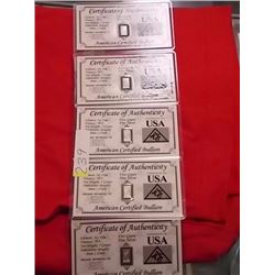 INVESTOR BULLION - .9999 FINE SILVER - 5 GRAIN WITH ASSAY CARD - AMERICAN CERTIFIED BULLION - 5 PER 
