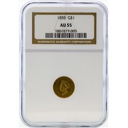 1855 $1 Indian Princess Head Gold Coin NGC AU55
