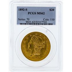 1892-S $20 Liberty Head Double Eagle Gold Coin PCGS MS62