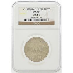 1942 Nepal Silver Rupee Coin NGC MS64