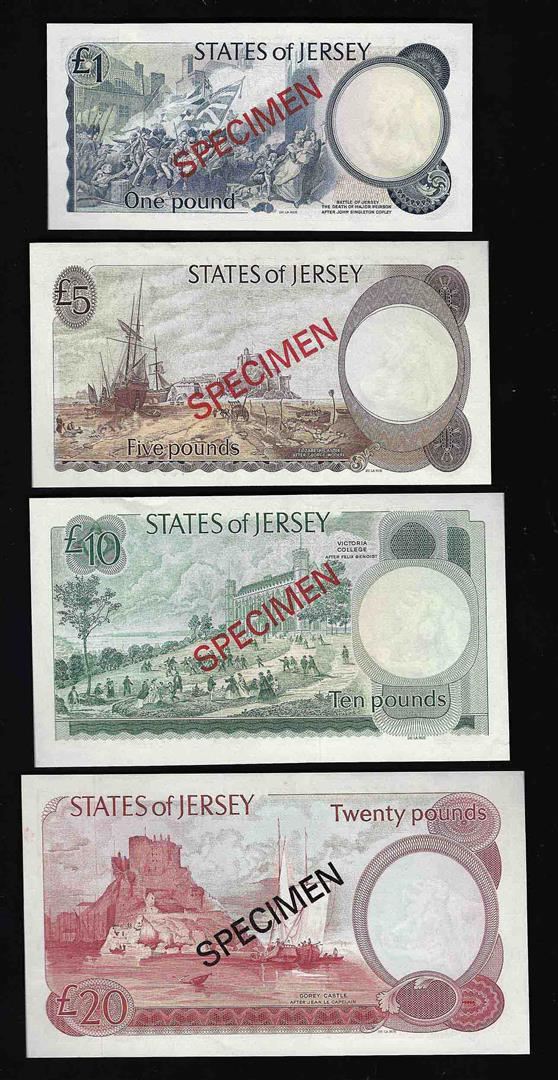 Set of (4) The States of Jersey Channel Islands Specimen Bank Notes