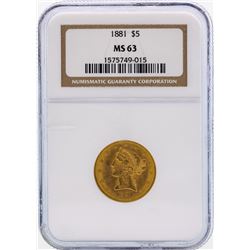 1881 $5 Libertry Head Half Eagle Gold Coin NGC MS63